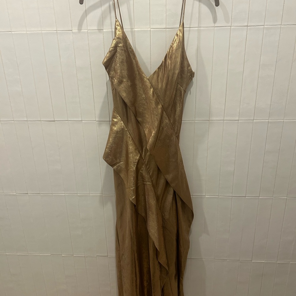 Acler Metallic Bronze Asymmetrical Ruffle Slip Dress